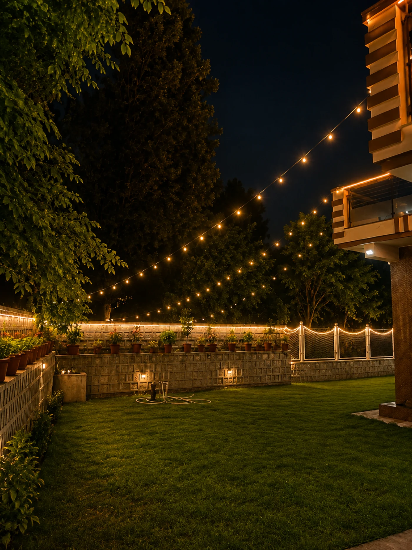 The Regal Ridge garden and villa lit warmly at night